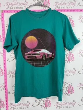 DJAB tshirt sunset car tee Retro Teal Graphic Tee with Pink Sports Car